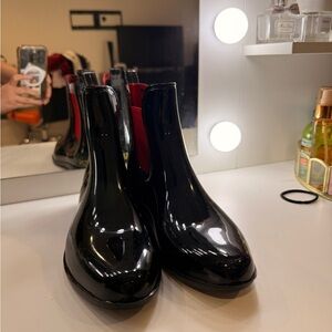 Ralph Lauren Glossy Black Ankle Boots with Red Accent